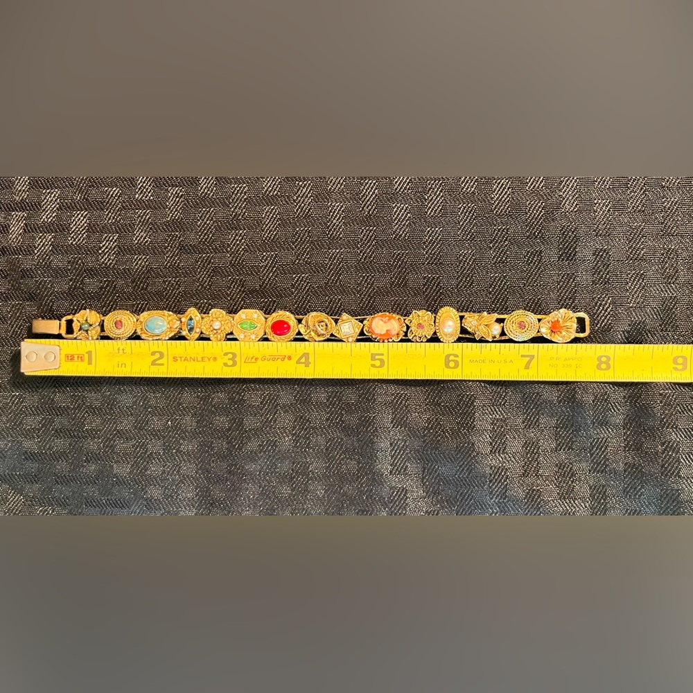 SOLD! Victorian Revival Gold Tone Slide Charm Bracelet with Uranium Glass - Picture 8 of 8